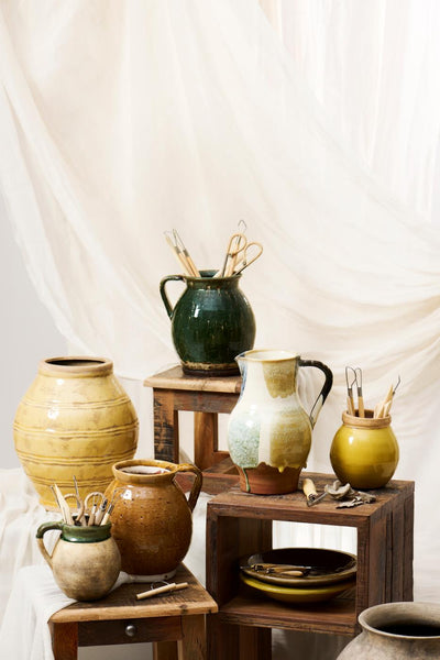 Krukke m/hank naturfarvet m/grøn kant